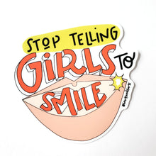 Load image into Gallery viewer, STOP TELLING GIRLS TO SMILE ILLUSTRATED 3X3 VINYL STICKER