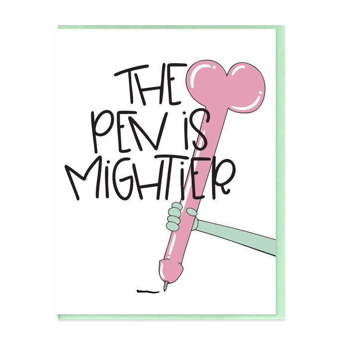 Cartoon hand holding a pink pen with text 'The Pen is Mightier' on a white background